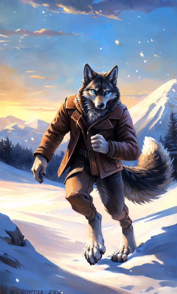 ((Solo)), male people, anthro wolf, (Multi-colored fur, White-brown:1.3,White tail pointed), (Height 2.1m,Tail length 1.2m), ((Wolf face, Big eyes, White eyelids, Blue pupil, Slim:1.2) (Tough, Calm expression:1.2)), Slim, pinging)), (Correct anatomy), (Winter clothing:1.1), The upper body naked, (detailed outfits),A long big tail,Feet,(Realistic fur, Detailed fur texture, labeled:1.3)), (Natural lighting), Photorealistic, Hyperrealistic, ultradetailed, by Kenket,Snowfield,erect through,Running on