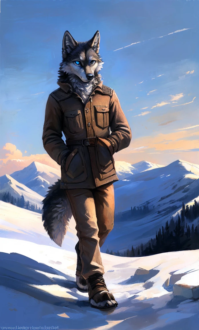 ((Solo)), male people, anthro wolf, (Multi-colored fur, White-brown:1.3,White tail pointed), (Height 2.1m,Tail length 1.2m), ((Wolf face, Big eyes, White eyelids, Blue pupil, Slim:1.2) (Tough, Calm expression:1.2)), Slim, pinging)), (Correct anatomy), (Winter clothing:1.1), The upper body naked, (detailed outfits),A long big tail,Feet,(Realistic fur, Detailed fur texture, labeled:1.3)), (Natural lighting), Photorealistic, Hyperrealistic, ultradetailed, by Kenket,Snowfield,erect through,Running on
