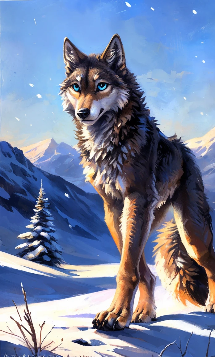 ((Solo)), male people, anthro wolf, (Multi-colored fur, White-brown:1.3,White tail pointed), (Height 2.1m,Tail length 1.2m), ((Wolf face, Big eyes, White eyelids, Blue pupil, Slim:1.2) (Tough, Calm expression:1.2)), Slim, pinging)), (Correct anatomy), (Winter clothing:1.1), The upper body naked, (detailed outfits),A long big tail,Feet,(Realistic fur, Detailed fur texture, labeled:1.3)), (Natural lighting), Photorealistic, Hyperrealistic, ultradetailed, by Kenket,Snowfield,erect through,Running on