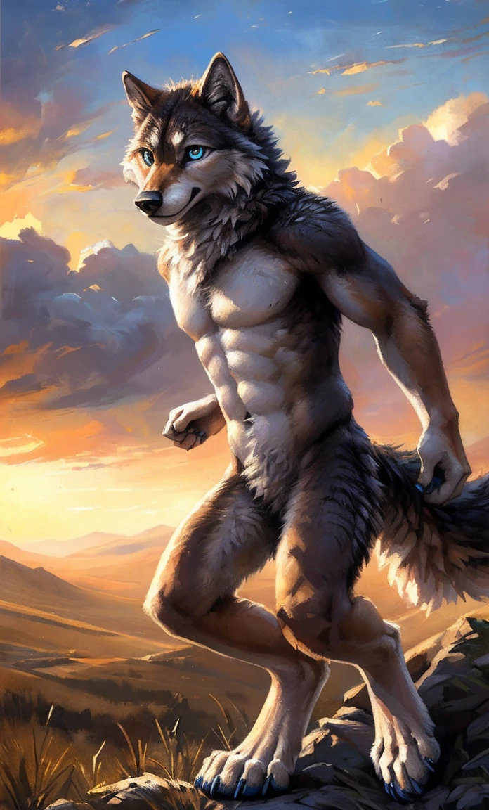 ((Solo)), male people, anthro wolf, (Multi-colored fur, White-brown:1.3，White tail pointed), (Height 2.1m,Tail length 1.5m), ((Wolf face, Big eyes, White eyelids, Blue pupil, Slim:1.2) (Tough, Calm expression:1.2)), Abs, Slim, pinging)), (Correct anatomy), Naked all over the body,A long big tail，Feet，(Realistic fur, Detailed fur texture, labeled:1.3)), (Natural lighting), Photorealistic, Hyperrealistic, ultradetailed, by Kenket，Snowfield，No artifacts, Running on