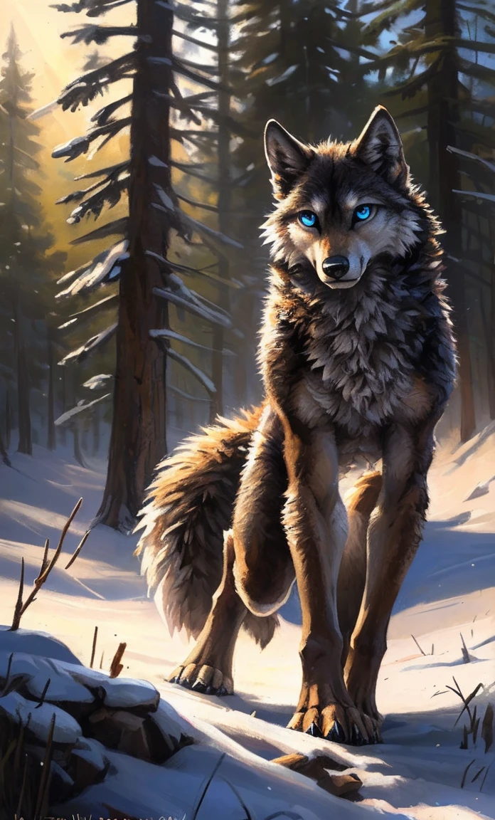 ((Solo)), male people, anthro wolf, (Multi-colored fur, White-brown:1.3，White tail pointed), (Height 2.1m,Tail length 1.5m), ((Wolf face, Big eyes, White eyelids, Blue pupil, Slim:1.2) (Tough, Calm expression:1.2)), Abs, Slim, pinging)), (Correct anatomy), Naked all over the body,A long big tail，Feet，(Realistic fur, Detailed fur texture, labeled:1.3)), (Natural lighting), Photorealistic, Hyperrealistic, ultradetailed, by Kenket，Snowfield，No artifacts, Running on