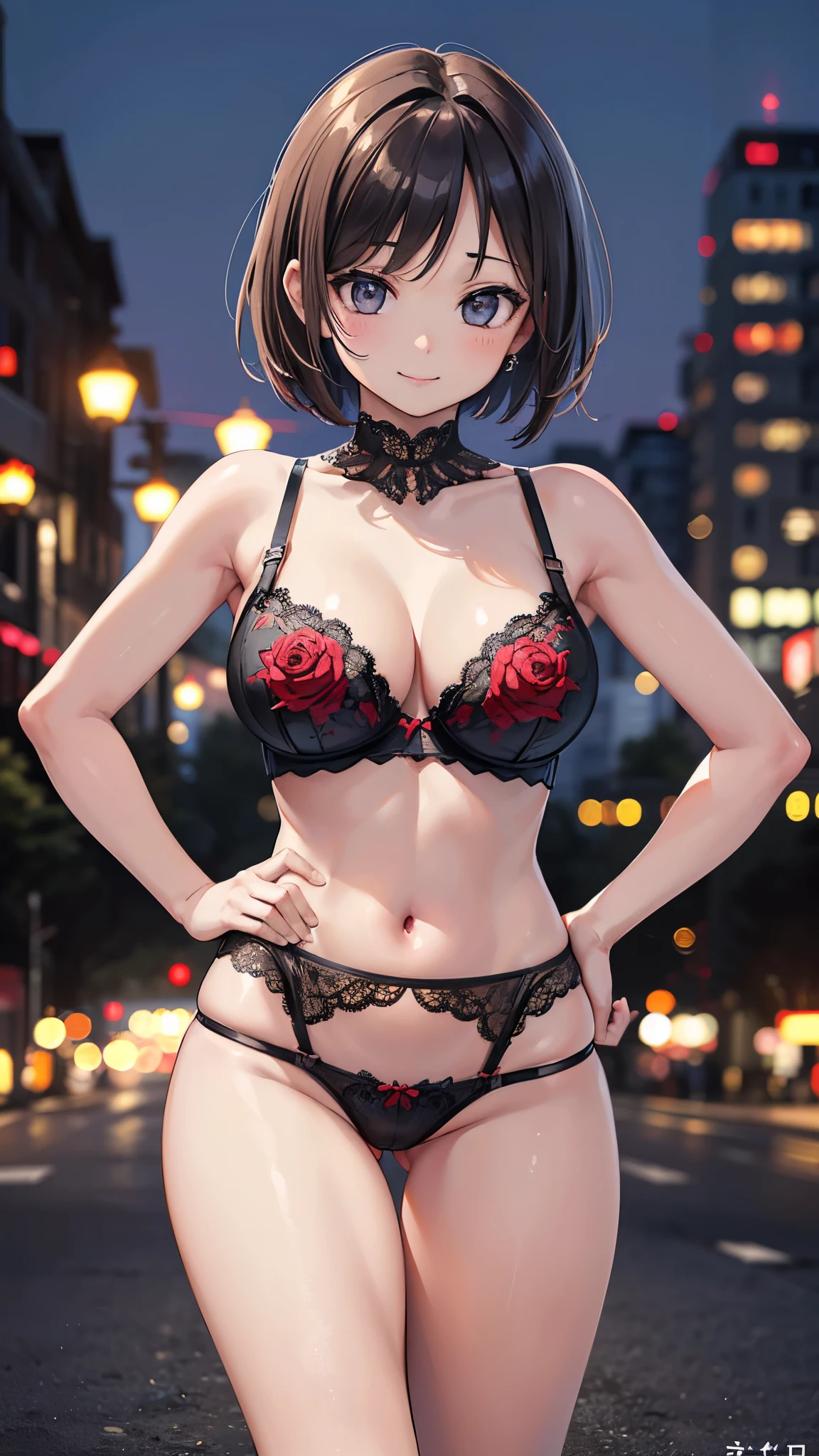 (masterpiece:1.3, Highest quality, Ultra-high resolution, Very detailed), (Realistic:1.1, photoRealistic:1.4), Beautiful illustrations, Perfect lighting,Written boundary depth, Beautiful detailsまでこだわった髪, Beautifully detailed face, Beautiful details, Beautiful clavicle, Beautiful body, Beautiful and juicy breasts, Beautiful thighs, Beautiful legs, View your audience, 1 Girl,Perfect Face, (Perfect Anatomy, Anatomically correct), Cute and symmetrical face、、((Short Bob))、((Big Breasts))、(((Lingerie)))、 (((Rose embroidered bra、Rose embroidered panties))) (Beautiful views), evening, (Outdoor, Blurred cityscape in the distance), Are standing, (Hands on hips), (かわいいsmile, smile)、Sexy Body、