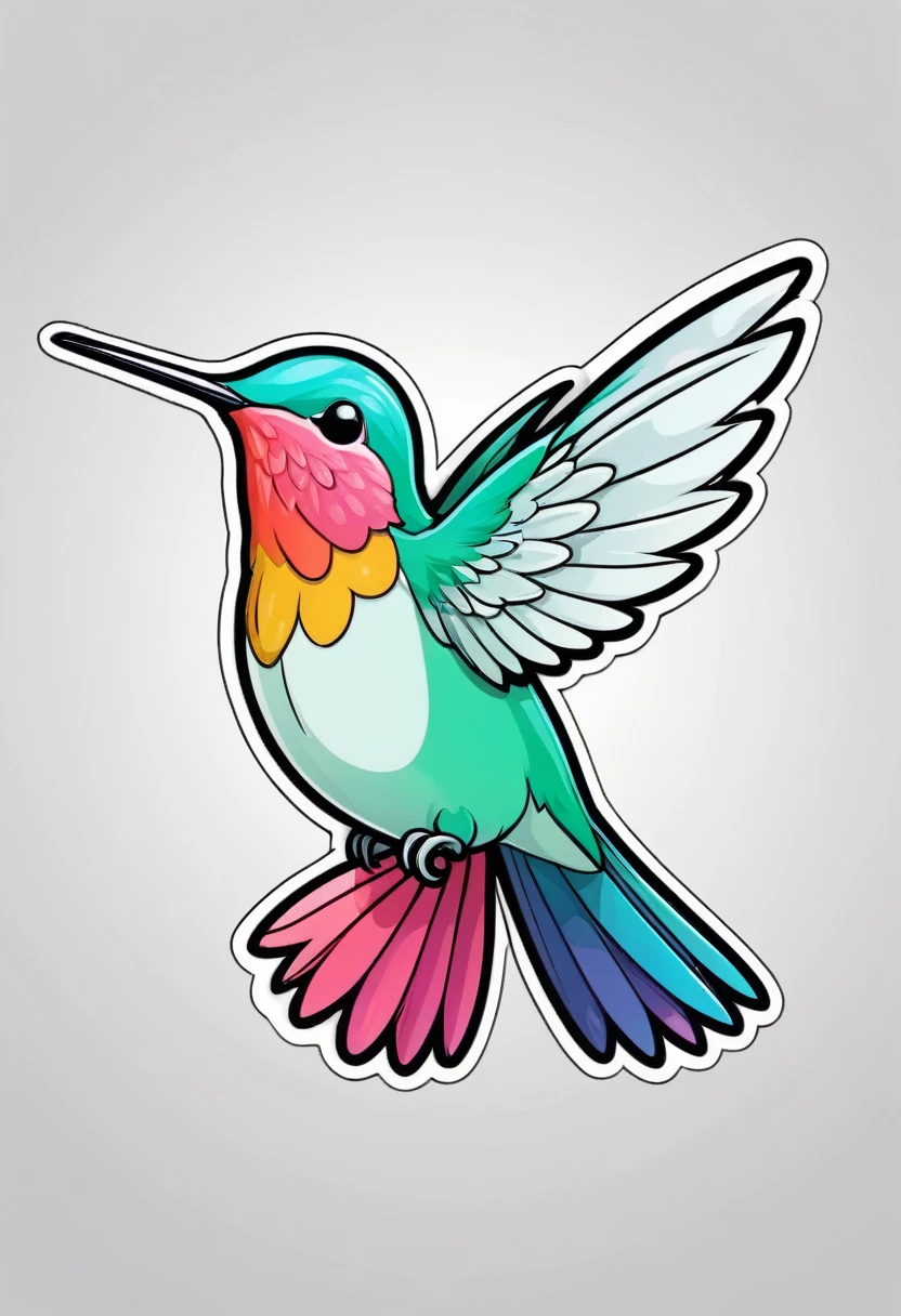 sticker, happy colored humming-bird, kawaii, outline, vector, white background