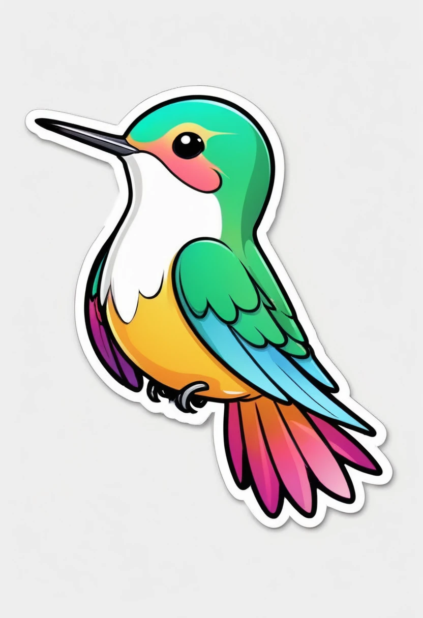 sticker, happy colored humming-bird, kawaii, outline, vector, white background