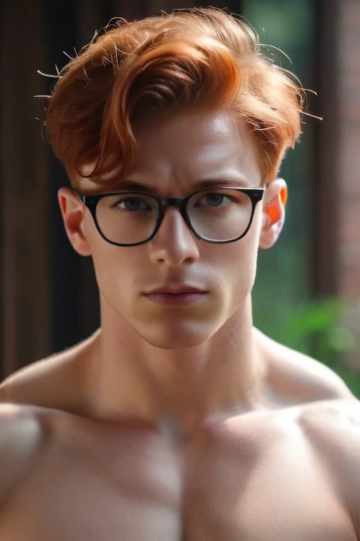 A half body portrait of a handsome muscular redhead young man with short hair wearing glasses looking sternly at the camera, shirtless ripped, (Best quality, 4k, Masterpiece :1.3)