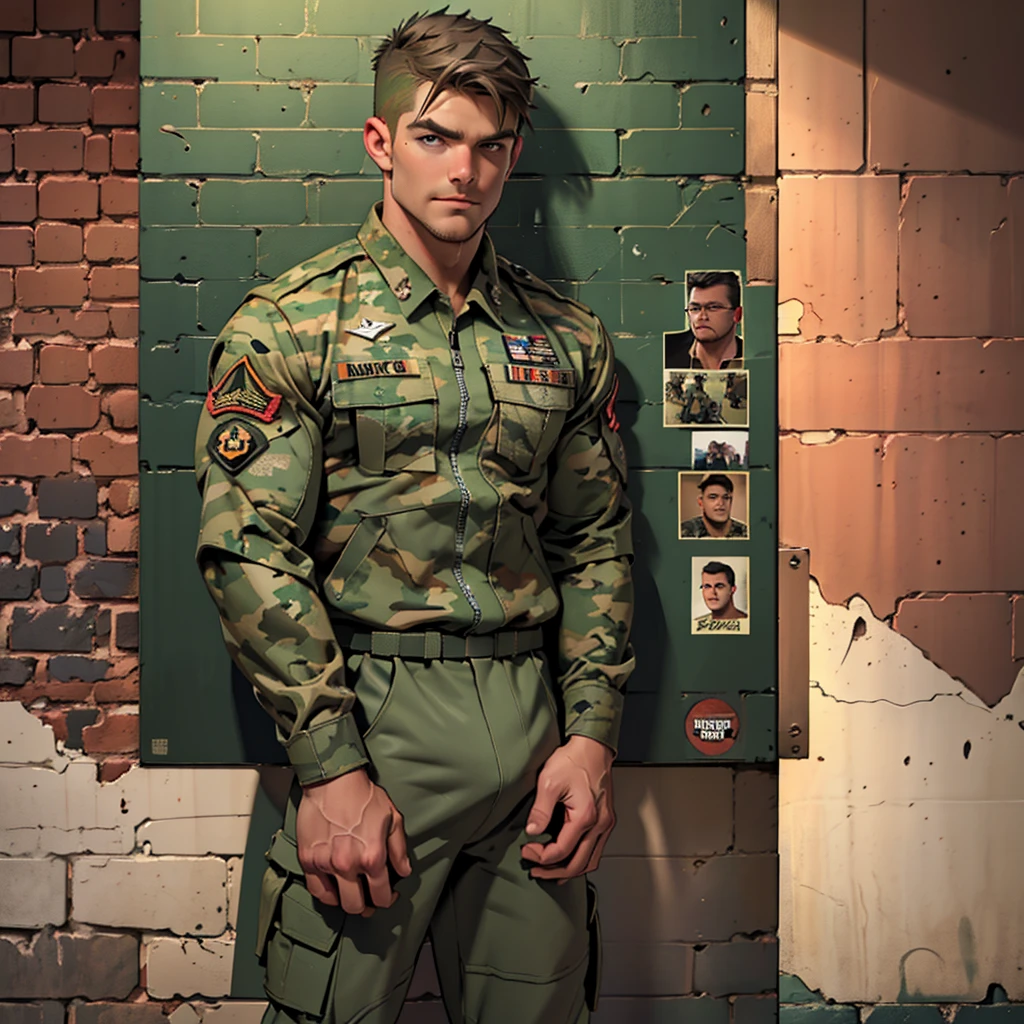 32k, high quality , detailed face , detailed hands , detailed muscles , stephen amell standing and  posing  as a military man wearing camouflage suit ,standing with spread legs, showing his muscles and bulge , ((background brick wall with lot of army posters ))