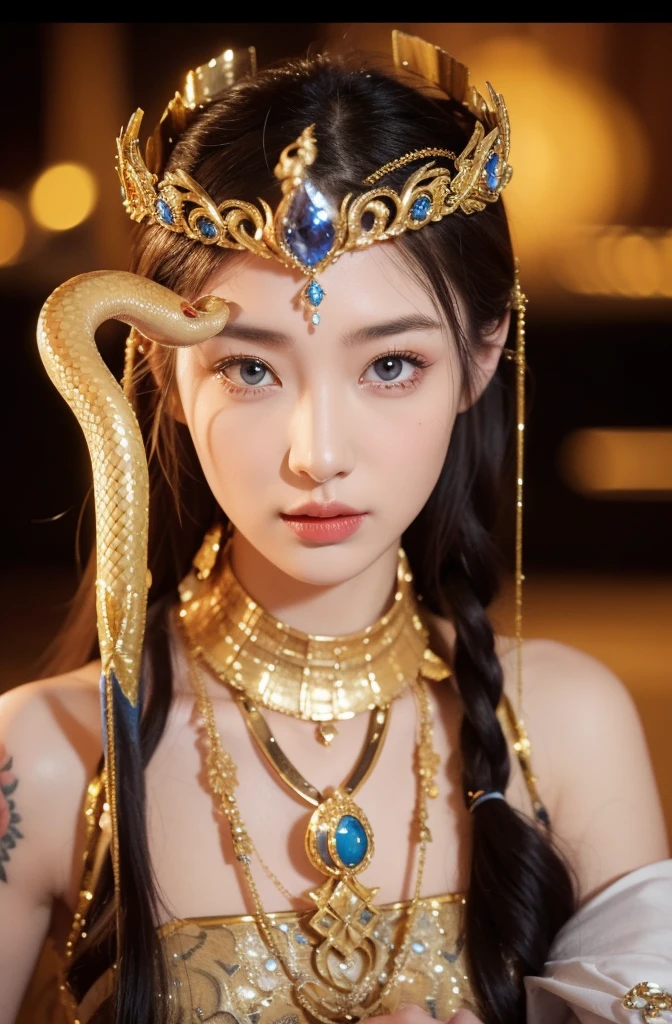 Realistic style，8K picture quality，Very detailed, Delicate face, Realistic style的照片, Stock Photography ,  rich and colorful, Surreal, Realistic textures, Dramatic Lighting, Distiller 800  (8K, original photo, Better quality, masterpiece: 1.2), Very detailed, (Extremely delicate skin: 1.2), 8K Ultra HD, SLR camera, Soft Light, high quality， 冰冻Queen, Queen, snow castle，Blue pupils，Apply red lipstick，Very delicate tattoo design，Gold Jewelry，Gold bracers，Cleopatra，Golden Scepter(Snake Head Scepter)