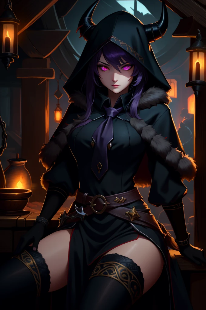 (masterpiece, best quality),  intricate details,
1girl,    nerissa_ravencroft,  fur trim, necktie, black gloves, thighhighs,  horn, 
 edgCultist, dark, ominous, wearing edgCultist_hood, glowing eyes,  purple eyes, sitting in tavern