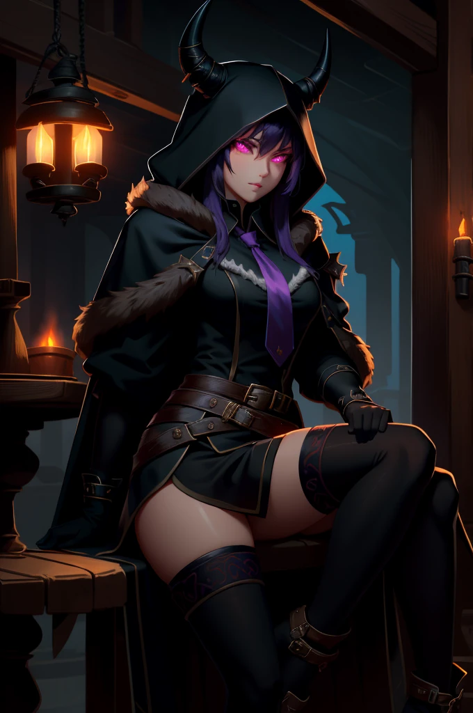 (masterpiece, best quality),  intricate details,
1girl,    nerissa_ravencroft,  fur trim, necktie, black gloves, thighhighs,  horn, 
 edgCultist, dark, ominous, wearing edgCultist_hood, glowing eyes,  purple eyes, sitting in tavern