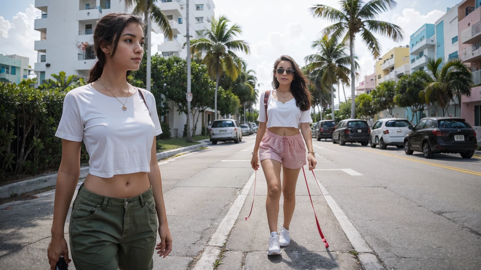 young cute girl going for a walk, summer time, miami