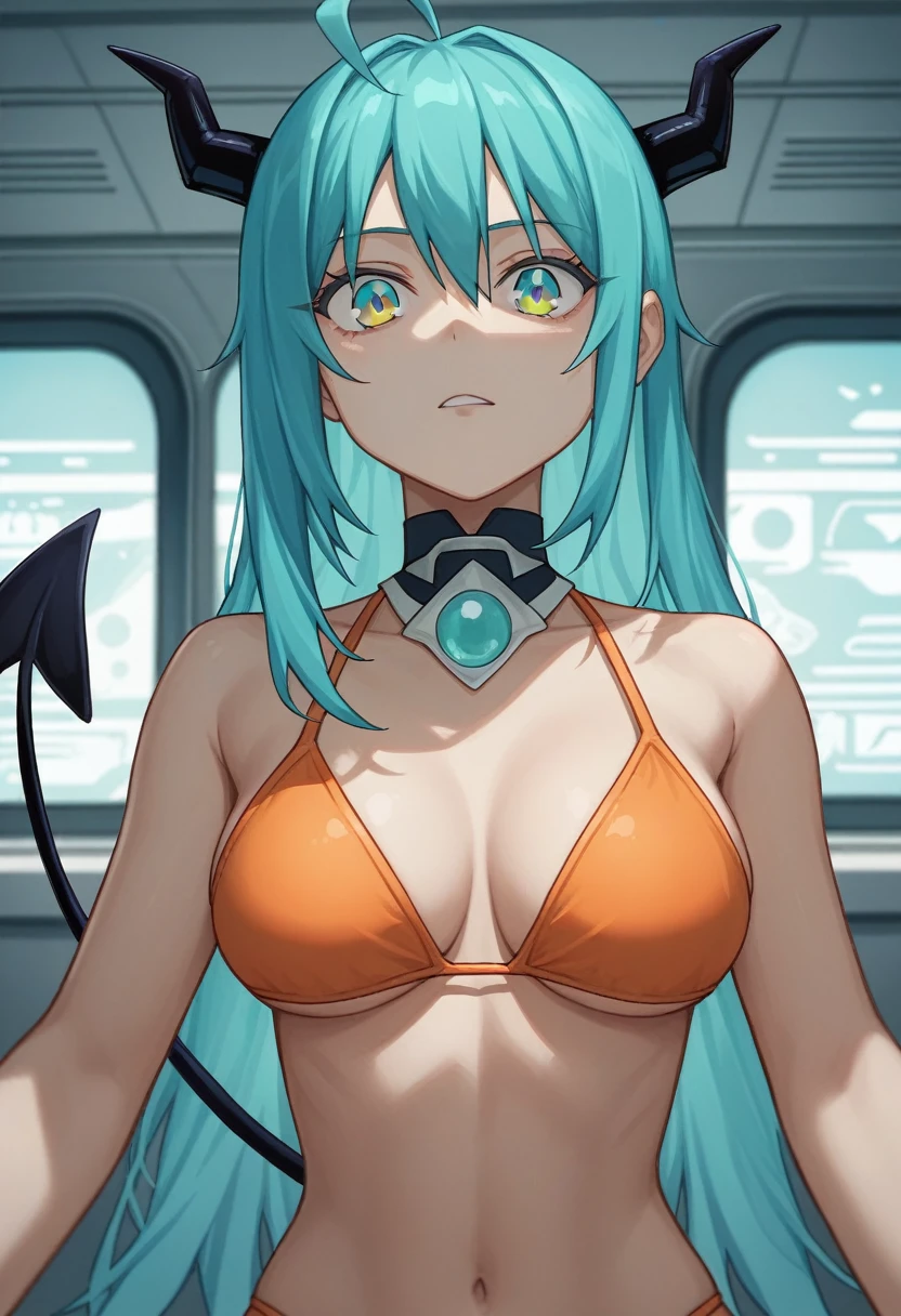 score_9, score_8_up, score_7_up,1 daemon woman, black  demon horns, black demon tail, (aquamarine hair),aquamarine green color hair,ahoge, long hair, (long hair),bangs, light orange bikini, bikini is orange, bikini orange, orange bikini!, (aquamarine eyes), background is spaceship, aquamarine eyes, 1woman ,facing viewer, daemon girl,  close up,Well-endowed, alone, Spacecraft interior