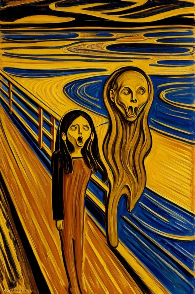 Munch's The Scream, oil painting, predominantly gold color