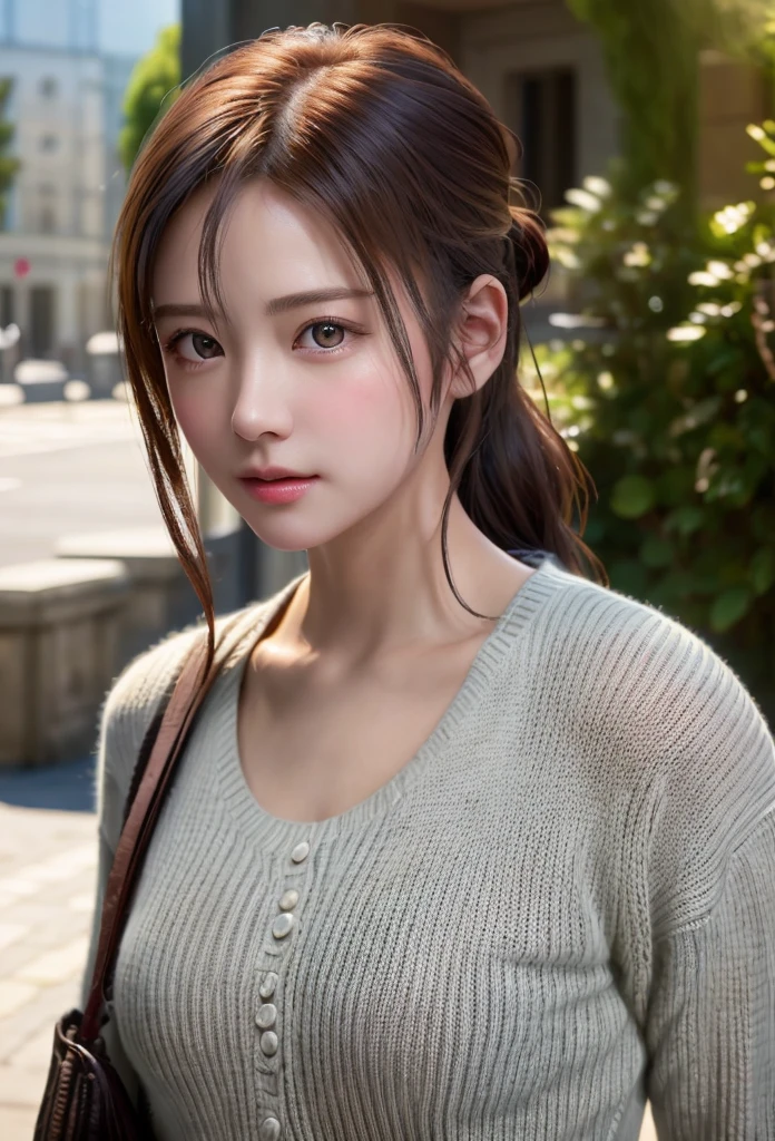 8K, of the highest quality, masutepiece:1.2), (Realistic, Photorealsitic:1.37), of the highest quality, masutepiece, Beautiful young woman, Pensive expression,、A charming、and an inviting look, Oversized knitwear、Hair tied back, Cinematic background, Light skin tone