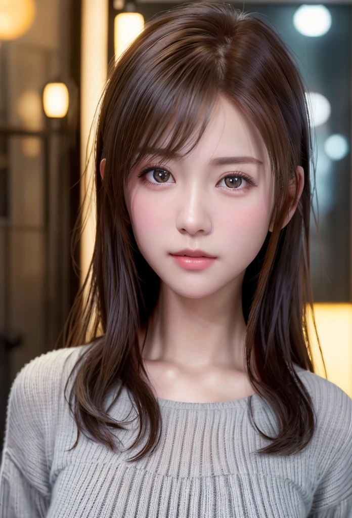 8K, of the highest quality, masutepiece:1.2), (Realistic, Photorealsitic:1.37), of the highest quality, masutepiece, Beautiful young woman, Pensive expression,、A charming、and an inviting look, Oversized knitwear、Hair tied back, Cinematic background, Light skin tone