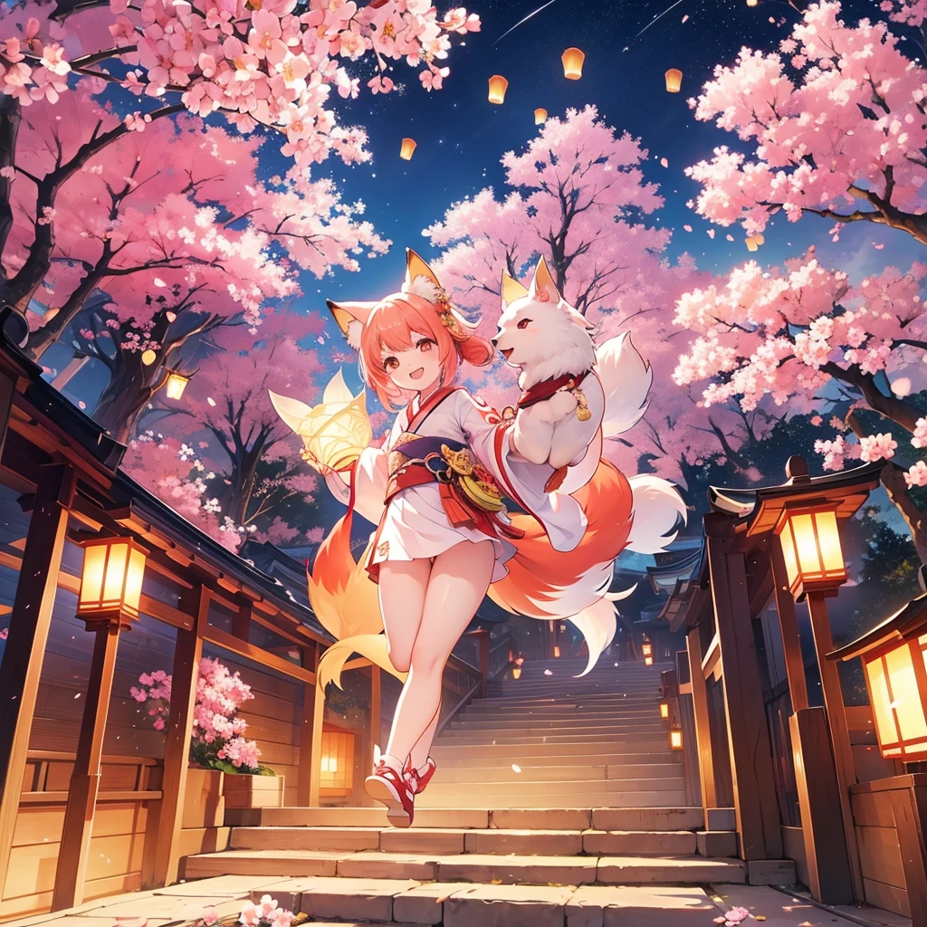 lanterns flying off into the sky, cherry blossom trees, kitsune people, happy, cheerful