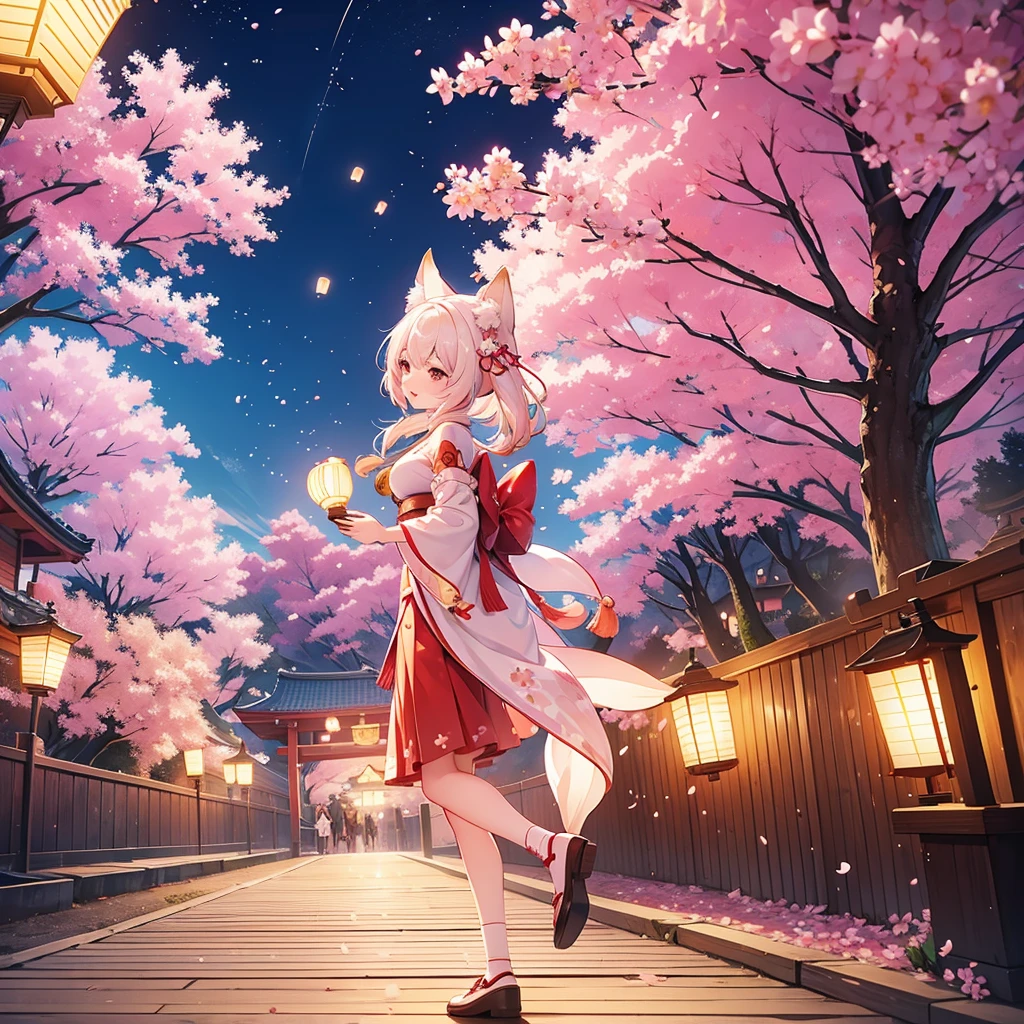 lanterns flying off into the sky, cherry blossom trees, kitsune people, happy, cheerful