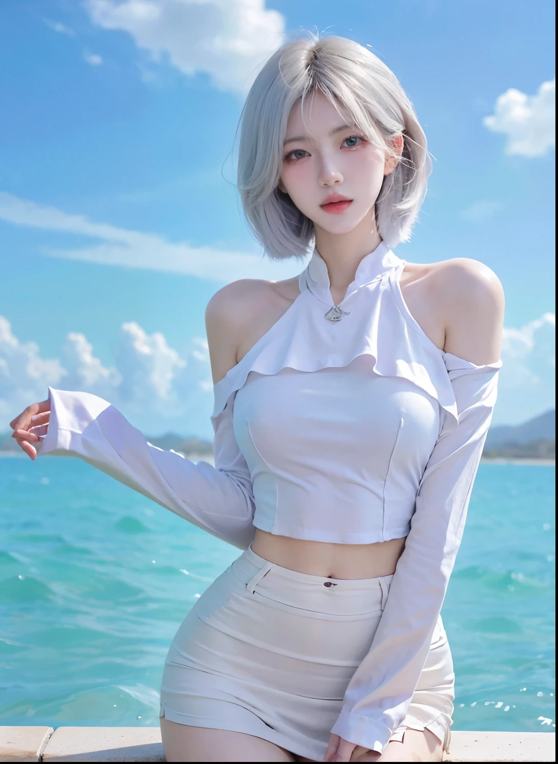 Beautiful woman with perfect figure:1.4，Swimming background，Desert Background，Ultra-high resolution，Seductive laughter，wear glasses，White legs，（lifelike：1.4），Layered Hairstyle，White皮肤，Super short pleated skirt，whole body，Very delicate face and skin texture，Double eyelids，Skin Whitening，Long hair，White hair，White，