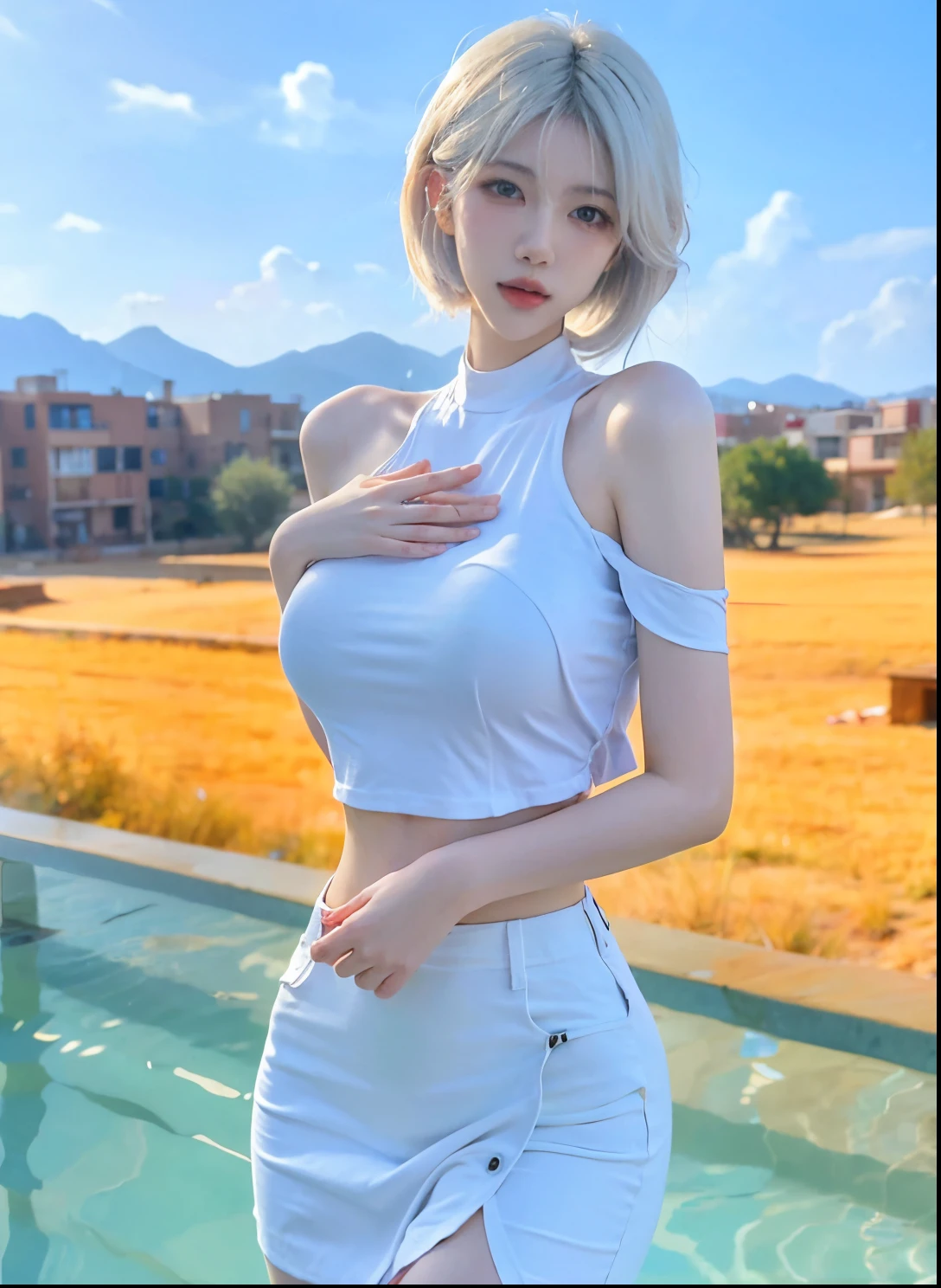 Beautiful woman with perfect figure:1.4,Swimming background,Desert Background,Ultra-high resolution,Seductive laughter,wear glasses,White legs,(lifelike:1.4),Layered Hairstyle,White皮肤,Super short pleated skirt,whole body,Very delicate face and skin texture,Double eyelids,Skin Whitening,Long hair,White hair,White,