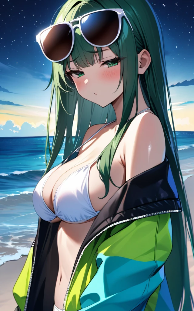 (masterpiece)、(absurdres)、(ultra detailed)、(shiny dark green hair)、(solo girl)、(dark green eyeiddle breast:0.9、(straight long hair、BREAK,(off shoulder colorful jacket,white bikini),BREAK,sunglasses on a head、half-closed eyes,from front,Pouting、southern Island beach、blush,Starry Sky、moonlight,