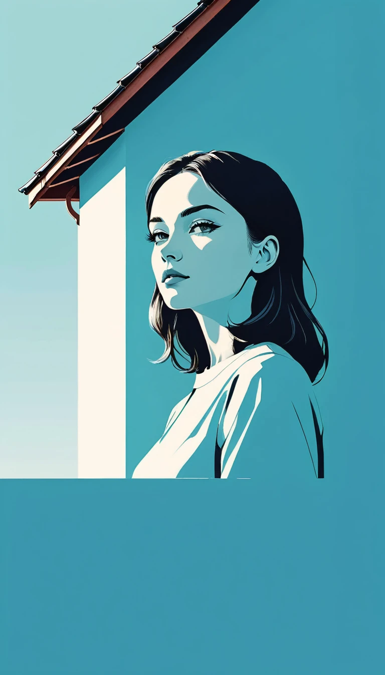 Graphic illustration, a full solid color background, there is a  [portrait], artwork by Agata Wierzbicka, architecture and eaves, blank art, background is only solid color, elegance, Minimalism, strong contrast between size,