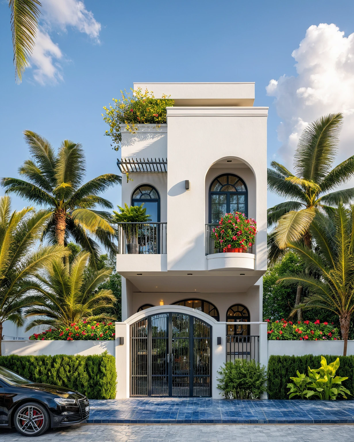 Masterpiece, high-end, best quality, authentic, super detailed, outdoor, aiaigroup, 2-storey mediterranean style townhouse, stairs, white walls, frame of blue paint wind encaustic tiles, gate iron, conwood ceiling, flowers, walkway, summer evening, grass, trees, sky, clouds, (daylight: 1.1)