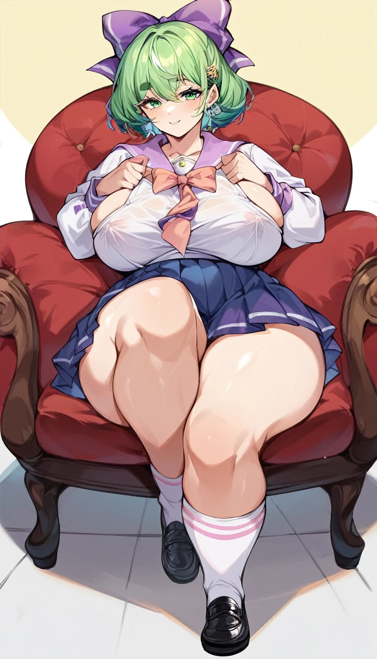 Fraction_9,Fraction_8_direction_7_direction_6_direction_5_direction_4_up,Green short hair,Green Eyes,Tie a bow at the back of your head,Purple and sailor collar,Striped sailor suit,Blue pleated skirt,White socks,leather shoes,Bean eyebrows,Wide hips,Thick thighs,Huge breasts,Huge ass,There is a bow at the back of the hair,Hair between the eyes,Sexy,Cute girl,Green Hair,eternal,positive image,rest,stocking,fat,long sleeve clothes,Purple striped clothes,Nipple protrusion,Smooth skin, Perfect skin, delete,