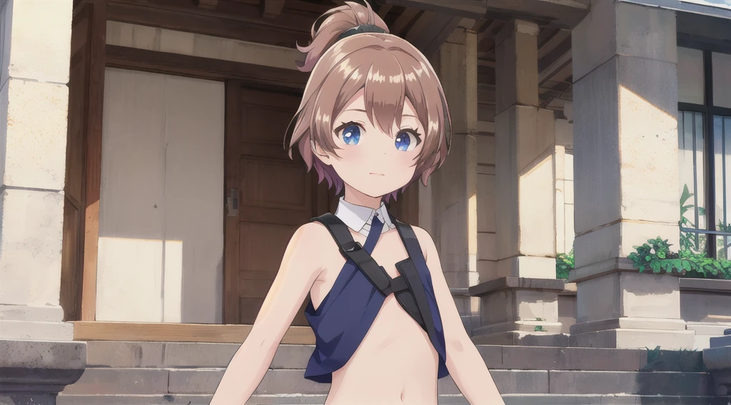 Highest quality,masterpiece,Are standing, Outdoor, Upper Body, 顔 focus,Brown Hair, short hair, ponytail, blue eyes, Flat Chest,