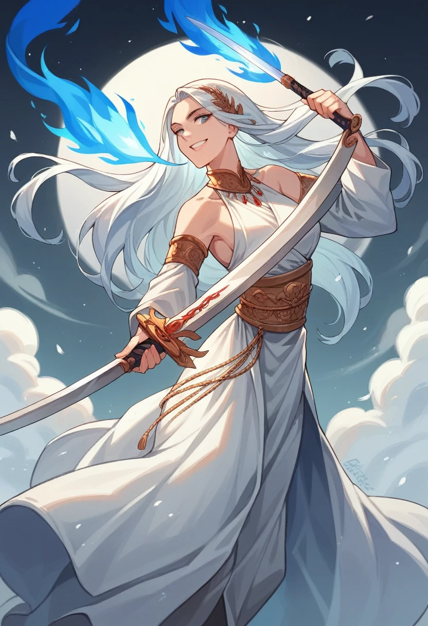 Drawing the sword of the snow mountain, Ancient style female cold ice flame sword, Blue Flame Carrying a Flaming Sword, white clothes sword dancing in the snow long hair flowing, Beautiful woman holding a silver long sword, wear jade jewelry, Her face is full of confident smile, She hangs on a cloud like a fairy, Behind her is a mountain layer  
