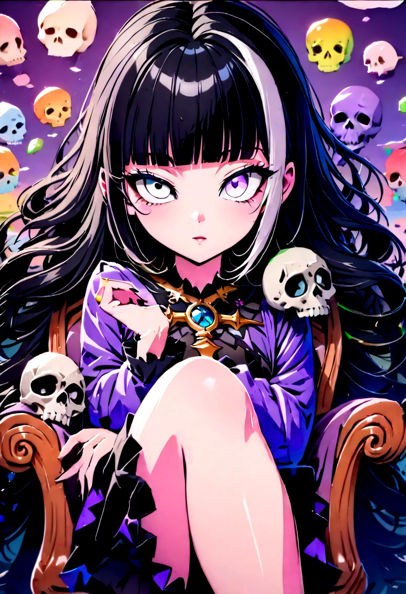 Black Hair、Black Feather、Gothic punk dress、Legs sticking out,Sit on a chair, Crossing your legs、Throne,anime zombie witch design, Crossbones, skull, Streetwear Design, Provector, Horror Style, Full Design, Only 6 colors, Solid Colors, No Shadow, Full Design, Stickers, Bright colors, White Background.Ultra-fine illustrations,(((Beautiful fine hair))),(((Beautiful Faces))),(((Beautiful background))),(((Beautiful fine hair))),(((Beautiful Faces))),(((Beautiful background)))、Black Hair、Blunt bangs,Undershot((Right hand white eye,Left eye purple)),Otto Eyes