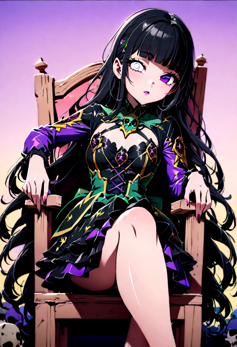 Black Hair、Black Feather、Gothic punk dress、Legs sticking out,Sit on a chair, Crossing your legs、Throne,anime zombie witch design, Crossbones, skull, Streetwear Design, Provector, Horror Style, Full Design, Only 6 colors, Solid Colors, No Shadow, Full Design, Stickers, Bright colors, White Background.Ultra-fine illustrations,(((Beautiful fine hair))),(((Beautiful Faces))),(((Beautiful background))),(((Beautiful fine hair))),(((Beautiful Faces))),(((Beautiful background)))、Black Hair、Blunt bangs,Undershot((Right hand white eye,Left eye purple)),Otto Eyes