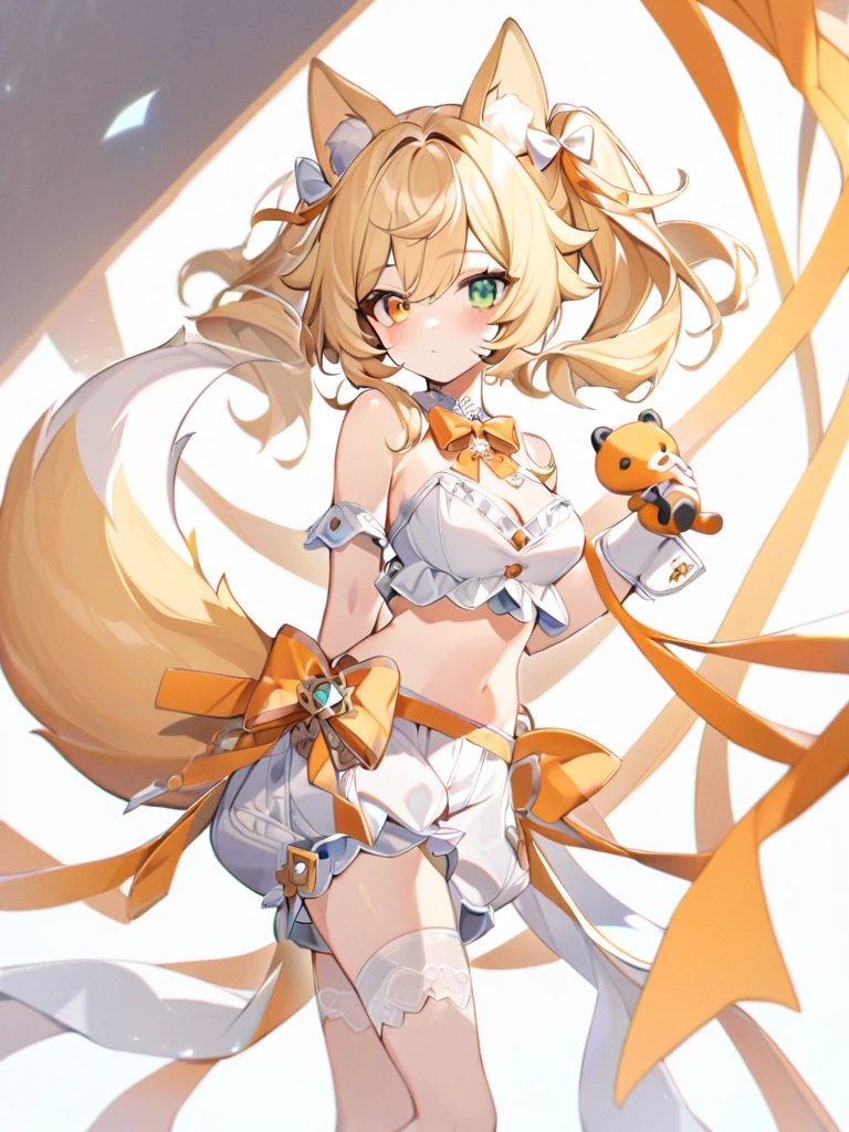 1girl, animal ears, bangs, bare shoulders, blonde hair, blush, bow, breasts, white cleavage, cropped torso, , green eyes, hair ribbon, heterochromia, stlooking at viewer, , orange bow, orange eyes, orange ribbon, ears like an unearthly animal, fluffy tail, light tail, real tail, ribbon, solo, stuffed animal, stuffed bunny, stuffed toy, twintails, upper body, full-length, white legbands, white shoes with lace and white bows, white background, wrist cuffs, yellow eyes, bloomers, close-up, fair skin frills, lace, midriff, skirt, solo, , white background,shorts, white top with ribbon and lace and trousers,trousers, genshin,white slippers with a bow,All clothes are white, laceAt full height, it stands, в полный рост