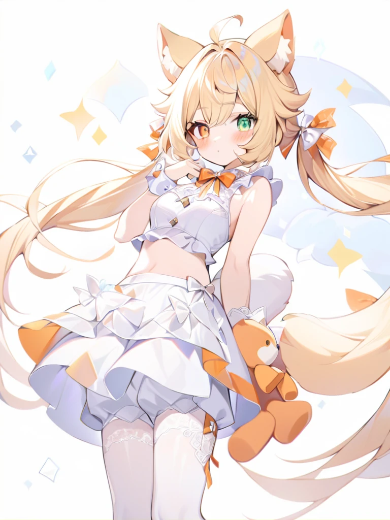 1girl, animal ears, bangs, bare shoulders, blonde hair, blush, bow, , white cleavaged torso, , green eyes, hair ribbon, heterochromia, stlooking at viewer, , orange bow, orange eyes, orange ribbon, ears like an unearthly animal, fluffy tail, light tail, real tail, ribbon, solo, stuffed animal, stuffed bunny, stuffed toy, twintails, upper body, full-length, white legbands, white shoes with lace and white bows, white background, wrist cuffs, yellow eyes, bloomers, close-up, fair skin frills, lace, midriff, skirt, solo, , white background,shorts, white top with ribbon and lace and trousers,trousers, genshin,white slippers with a bow,All clothes are white, laceAt full height, it stands, в полный рост
