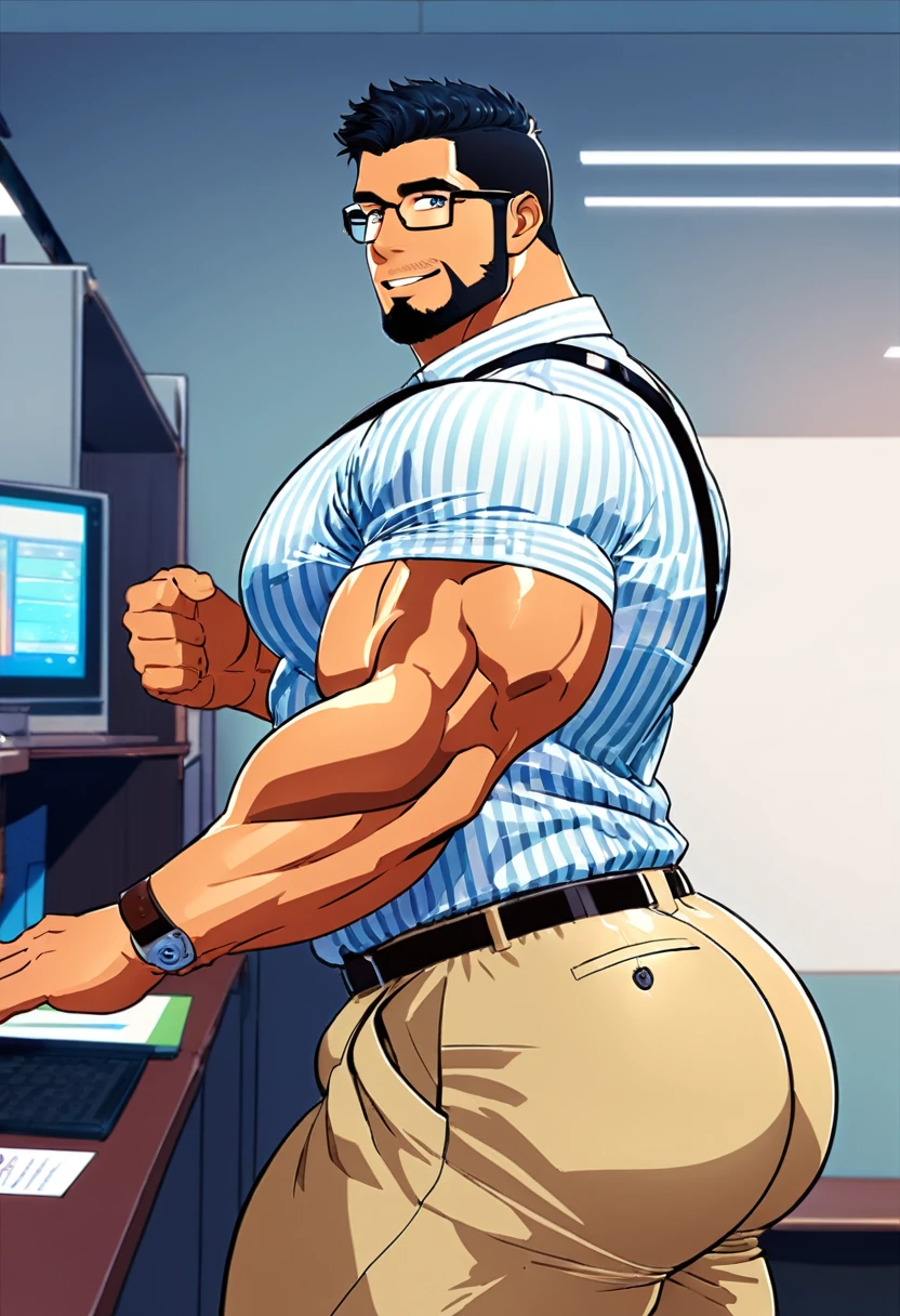 4k, masterpiece, high resolution:1.2, 1 man, solo, bara, muscular, big physique, crew cut hair, facial hair, chest, wide shoulder, biceps, thighs, triceps, butt, black hair, cute smile, friendly, standing in an office, wearing formal trousers, wearing formal stripes pattern office shirt, wearing glasses, upstairs office in the background, ultra detailed, shredded muscle, flat style (((wearing harness))) (((view from the side, thick huge ass)))