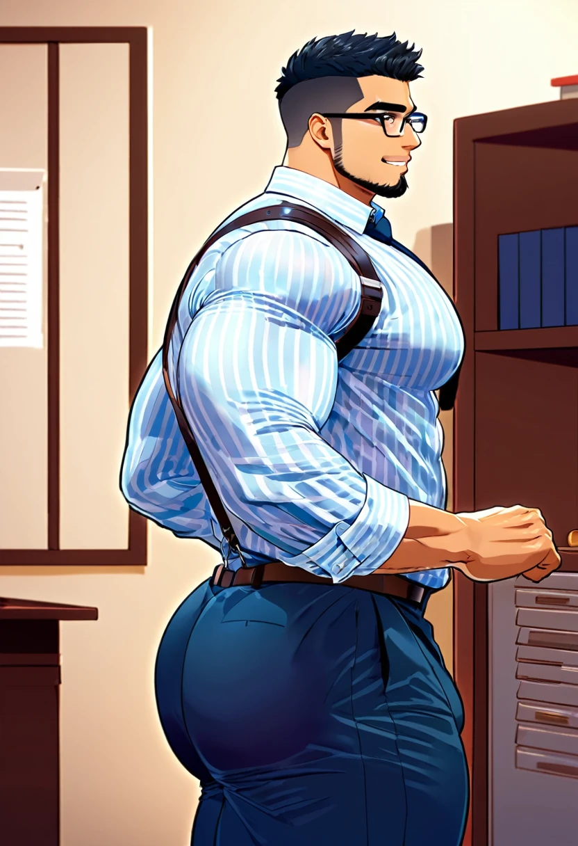 4k, masterpiece, high resolution:1.2, 1 man, solo, bara, muscular, big physique, crew cut hair, facial hair, chest, wide shoulder, biceps, thighs, triceps, butt, black hair, cute smile, friendly, standing in an office, wearing formal trousers, wearing formal stripes pattern office shirt, wearing glasses, upstairs office in the background, ultra detailed, shredded muscle, flat style (((wearing harness))) (((view from the side, thick huge ass)))