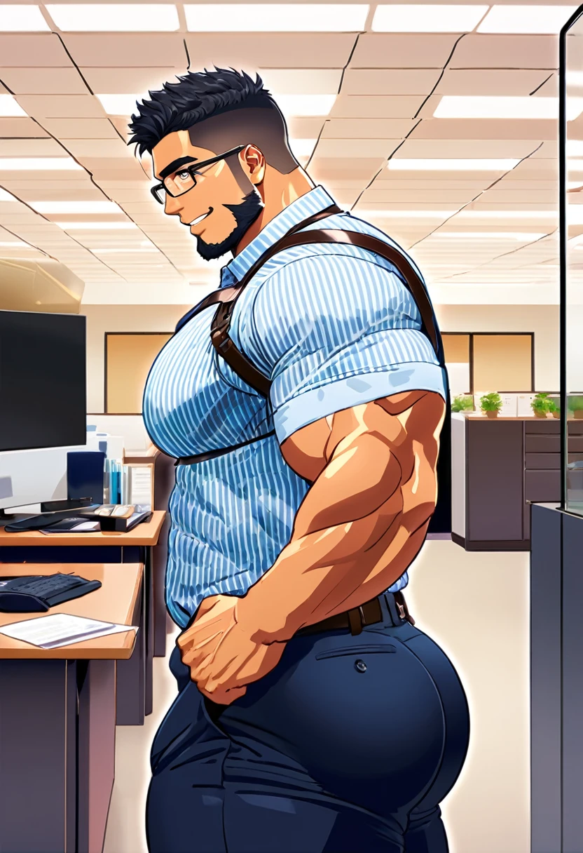 4k, masterpiece, high resolution:1.2, 1 man, solo, bara, muscular, big physique, crew cut hair, facial hair, chest, wide shoulder, biceps, thighs, triceps, butt, black hair, cute smile, friendly, standing in an office, wearing formal trousers, wearing formal stripes pattern office shirt, wearing glasses, upstairs office in the background, ultra detailed, shredded muscle, flat style (((wearing harness))) (((view from the side, thick huge ass)))
