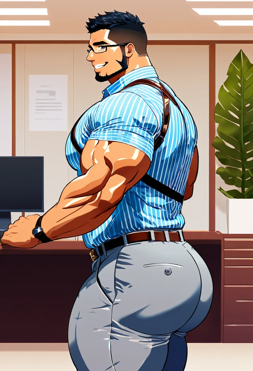 4k, masterpiece, high resolution:1.2, man, solo, bara, muscular, bid physique, crew cut hair, facial hair, chest, wide shoulder, big biceps, big thighs, big triceps, big butt, black hair, sexy smile, friendly, standing in an office, wearing formal trousers with a bulge sticking out, wearing formal stripes pattern office shirt, wearing glasses, upstairs office in the background, ultra detailed, shredded muscle, flat style, naked, bend over (((wearing herness))) (((view from the back, huge thick ass, sitting on the table)))