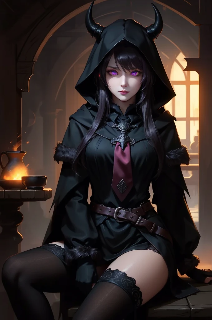 (masterpiece, best quality),  intricate details,
1girl,    nerissa_ravencroft,  fur trim, necktie, black gloves, thighhighs,  horn, 
 edgCultist, dark, ominous, wearing edgCultist_hood, glowing eyes,  purple eyes, sitting in tavern