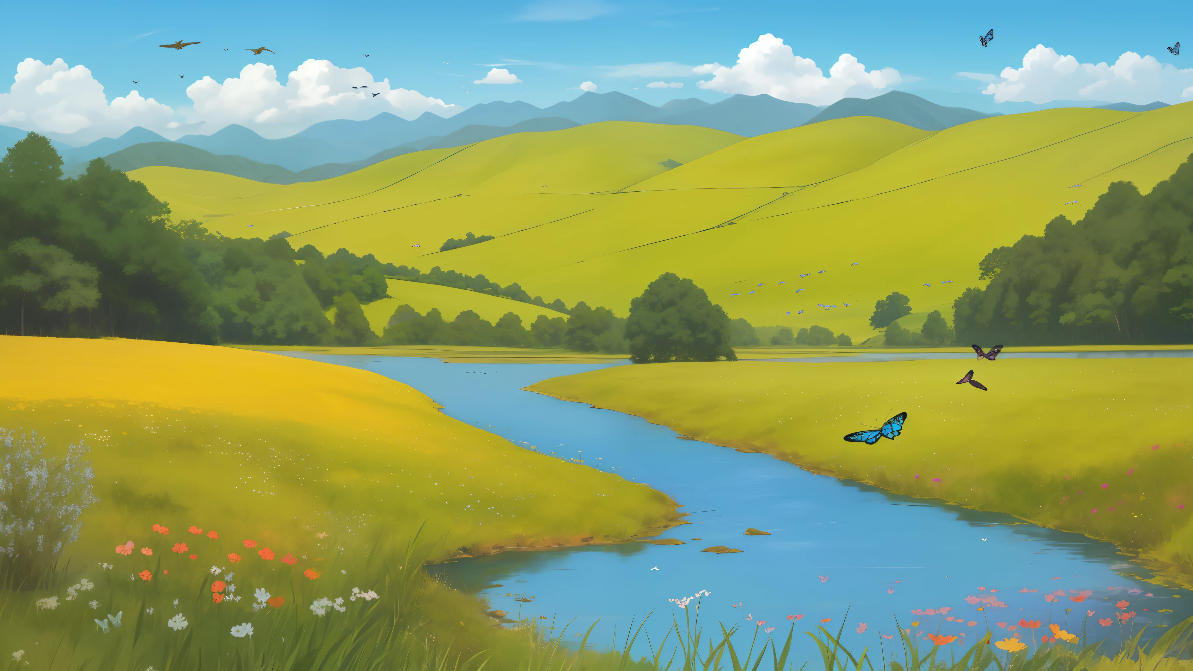 Distant scenery，Green mountains，clear blue skies，Flocks of birds fly in the sky，There are butterflies everywhere，Small river around，tussock，There are flowers on the ground，a warm color palette
