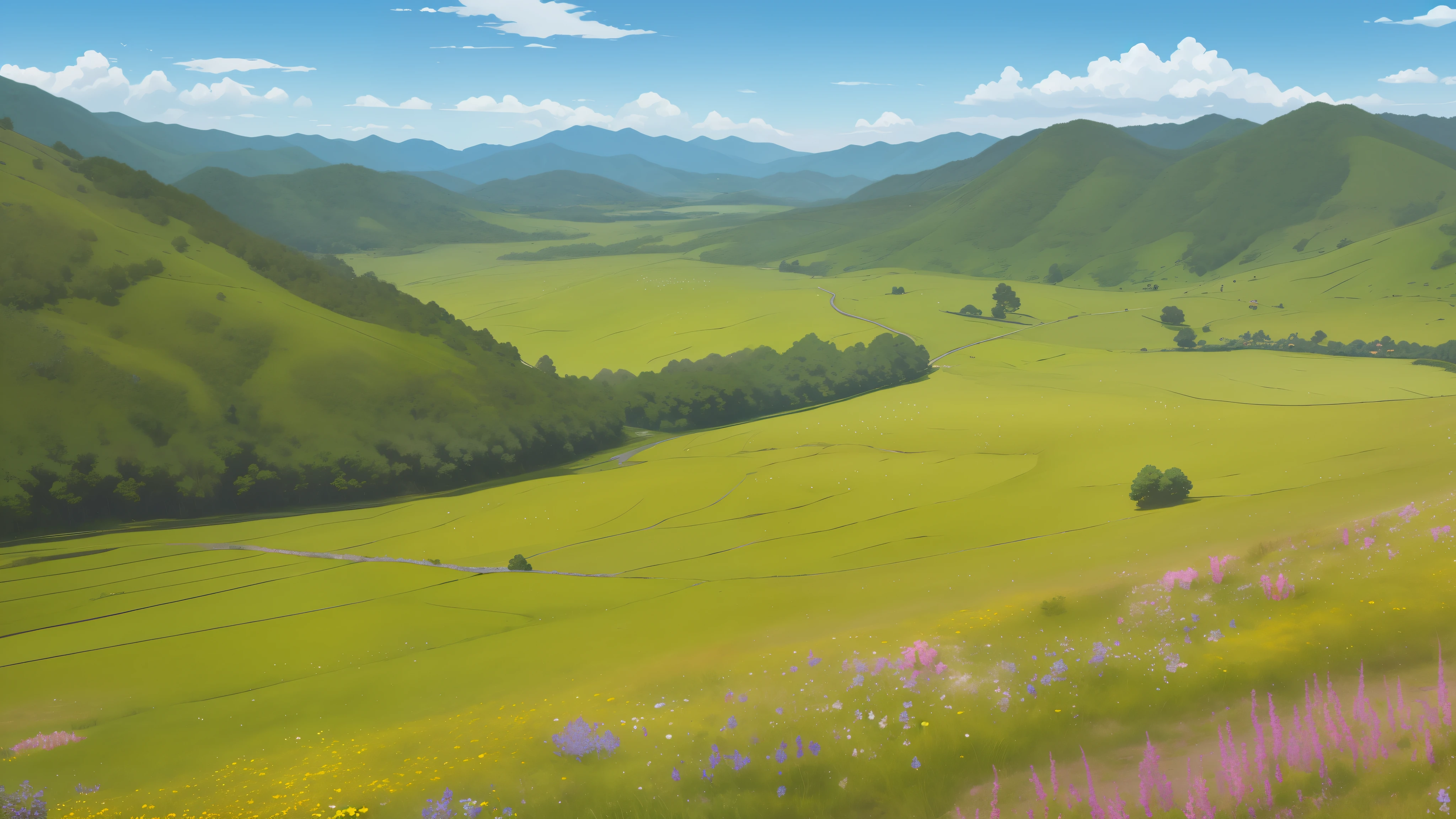 Distant scenery，Green mountains，clear blue skies，Flocks of birds fly in the sky，There are butterflies everywhere，Small river around，tussock，There are flowers on the ground，a warm color palette
