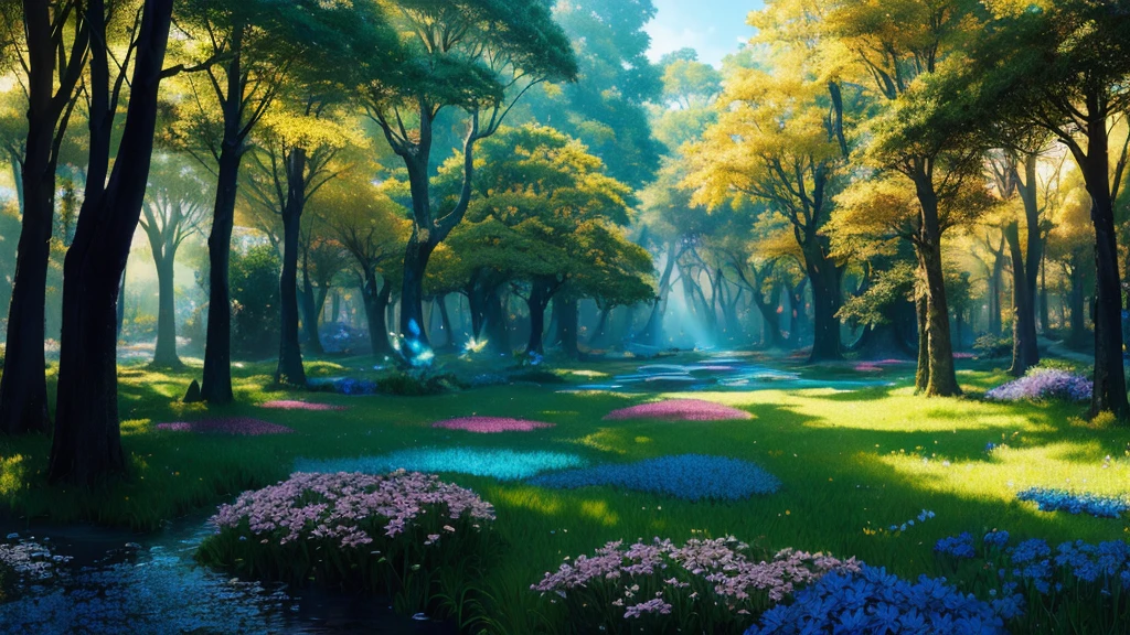 panoramic, center, masterpiece, best quality, Ultra-detailed fantasy art, Realistic background painting, Blue Background, Photon Mapping, Fantasy World, mystery, Fairy Forest, There are many trees and colorful flowers growing here., Feathers fall, Filled with gold, The Holy Light shines