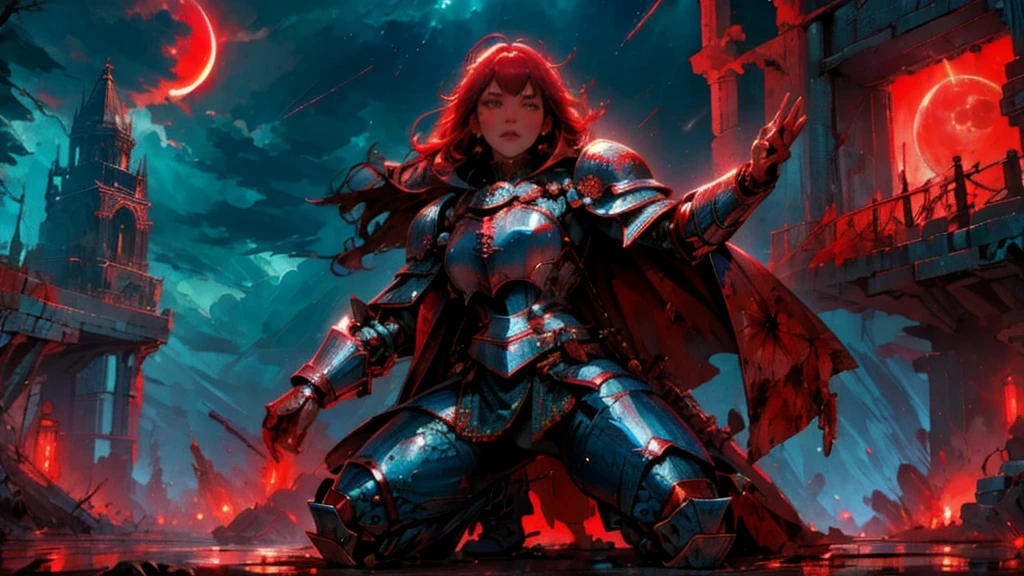 ((junkotvv)), (masterpiece, best quality, detailed, vibrant colors), fantastical, (solo), (knight), kneeling, chainmail, plate armor, sad, tears, outdoors, battlefield, (blood:1.1), tired, exhausted, windy, backlight, cape, tragic, dramatic, (night), red moon, moonlight, thunderstorm, lightning, clouds, blood pond, wrenchsfantasy, fantasy, glowing