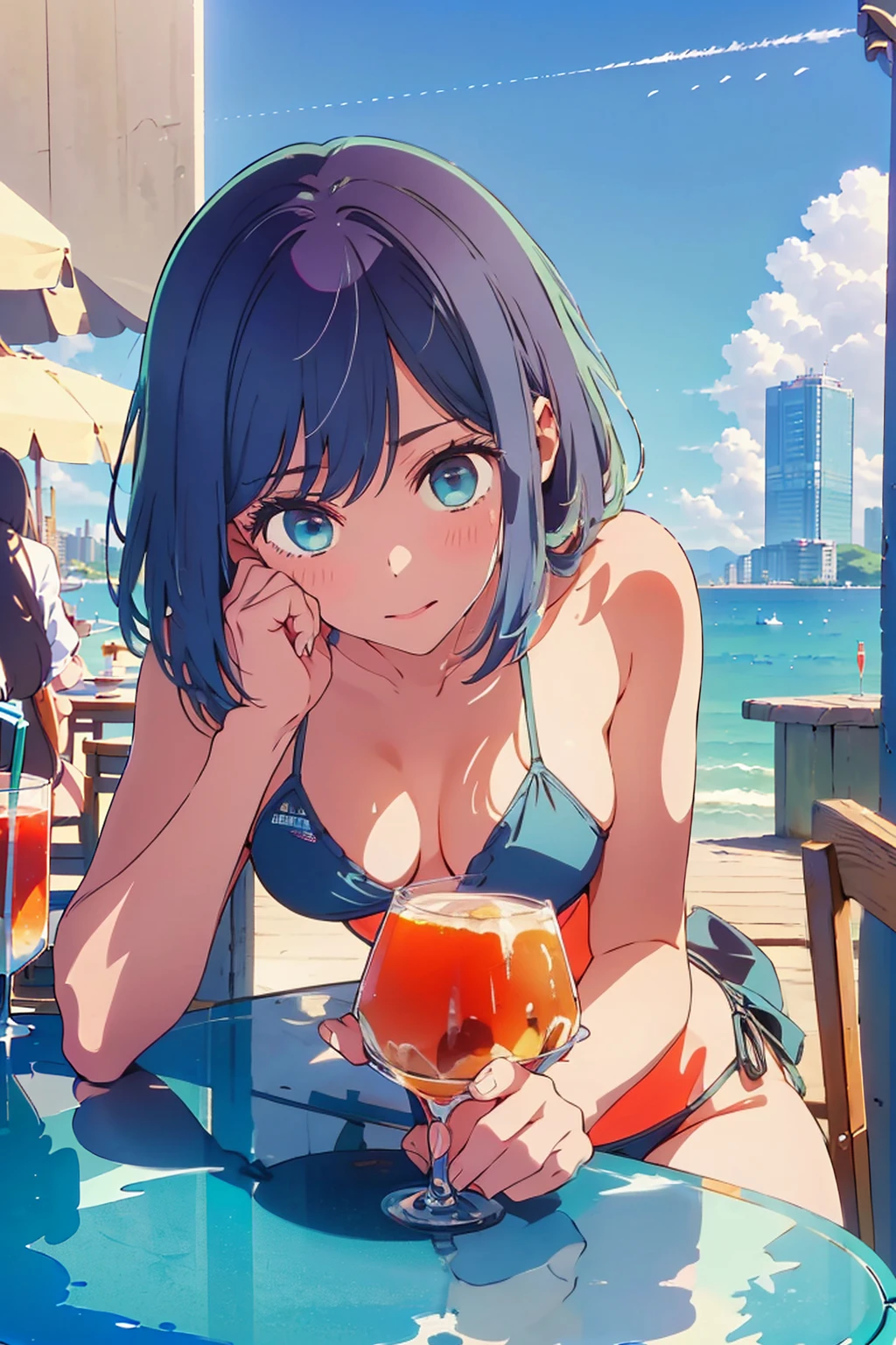 (Highest quality:1.4、masterpiece:1.4、Super detailed:1.4、8K:1.4)、F cup bust、Big Breasts、Slim body、Very white beautiful skin、((((1 person、Surprised expression、sit、Chair、In the background are the urban buildings of Tokyo、looking at the camera、Outdoor café terrace、coastal、Navy hair color、juice、Shooting up close、table、Very cute face))))、(Pose of putting hair behind ears with hands:1.4)、((nude、Areola、bikini size too small))、Very blue sky、A completely cloudless sky