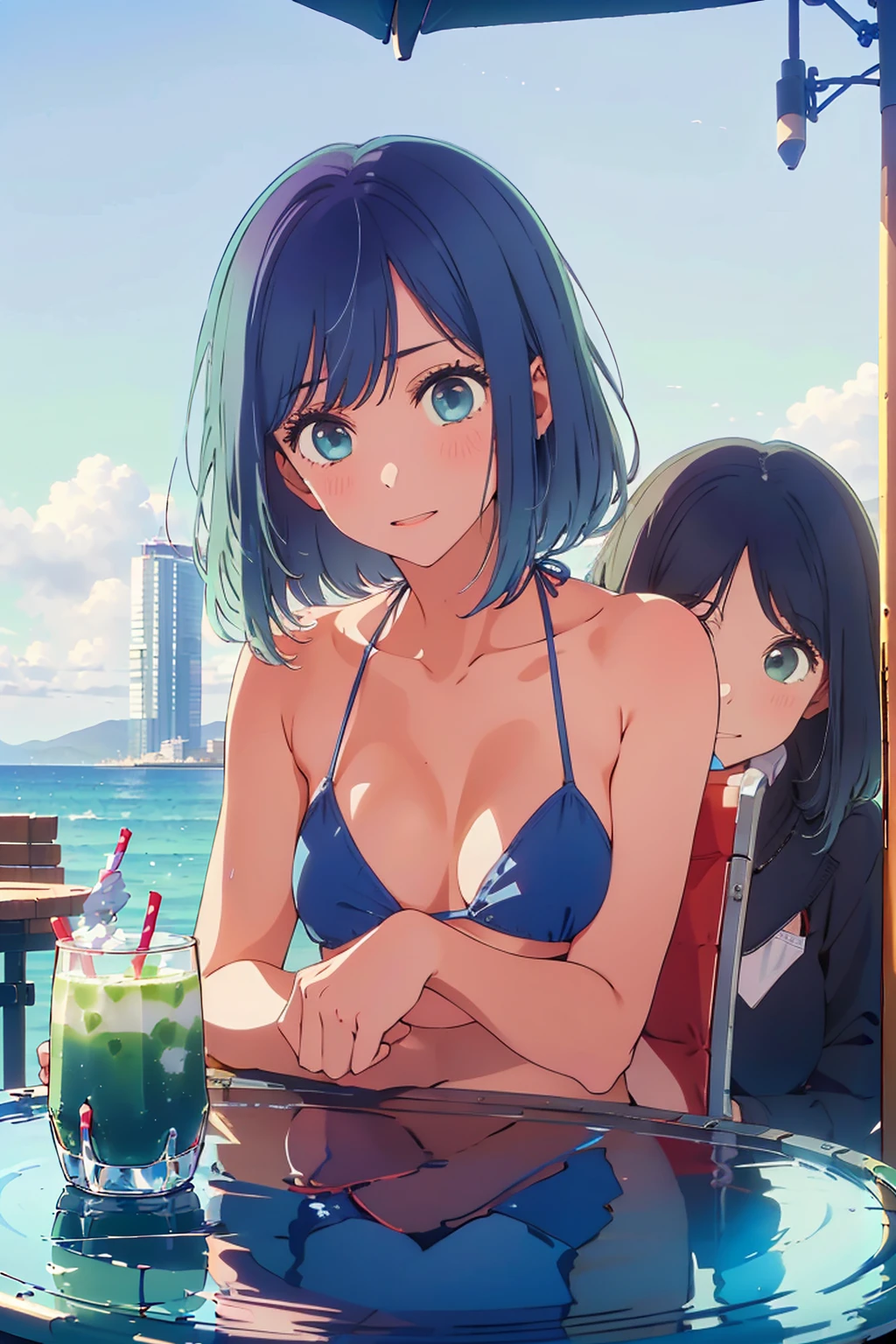 (Highest quality:1.4、masterpiece:1.4、Super detailed:1.4、8K:1.4)、F cup bust、Big Breasts、Slim body、Very white beautiful skin、((((1 person、Surprised expression、sit、Chair、In the background are the urban buildings of Tokyo、looking at the camera、Outdoor café terrace、coastal、Navy hair color、juice、Shooting up close、table、Very cute face))))、(Pose of putting hair behind ears with hands:1.4）、((nude、Areola、bikini size too small))、Very blue sky、A completely cloudless sky