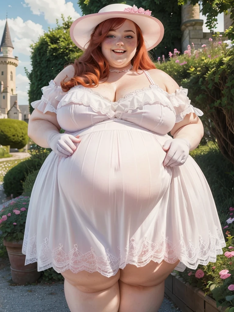 A Happy photo of a young 19th century beautiful redhead bbw lady with soft fat belly, wide fat obese hips, thick fat legs and fat arms, cute pretty face, small breasts, blue eyes, freckles, in a pink elegant detailed covering 19th century dress, white dress gloves, old fashioned femimine Summer hat, in an old fashioned castle garden