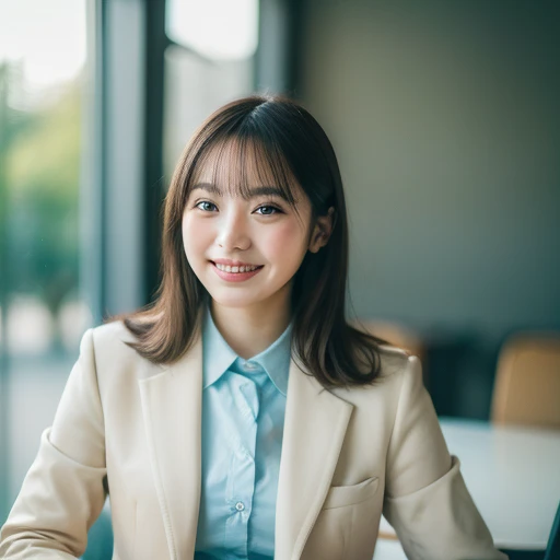 Highest quality, masterpiece, (Photorealistic:1.4), Ultra-detailed, RAW Photos, One Girl, solo, Laughter, Wearing a suit, Portrait, whole body, The whole body is shown,Meeting room background, Natural soft light, Bokeh Depth of Field,The window overlooks the park,I have a laptop