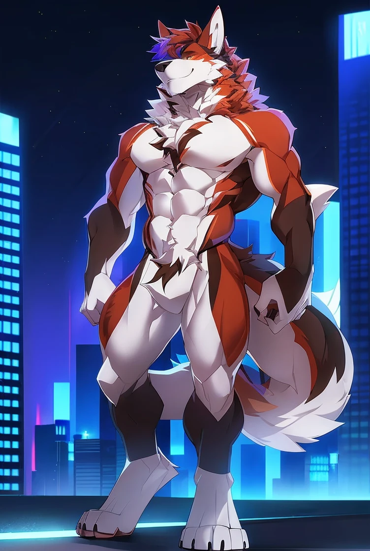 ((Solo)), male people, anthro wolf, (Multi-colored fur, White tail pointed), (Height 3meters,Tail length 2meters), Abs, pinginuscular, A long big tail, by patto, modern city