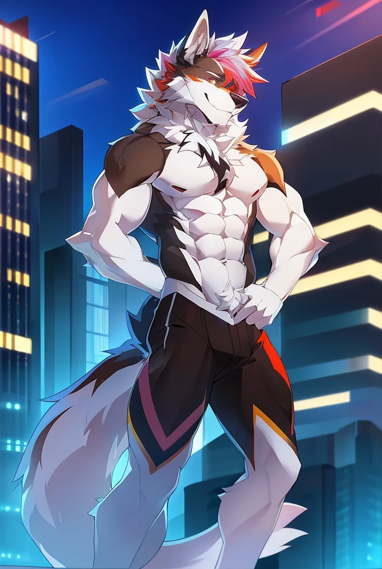 ((Solo)), male people, anthro wolf, (Multi-colored fur, White tail pointed), (Height 3meters,Tail length 2meters), Abs, pinginuscular, A long big tail, by patto, modern city