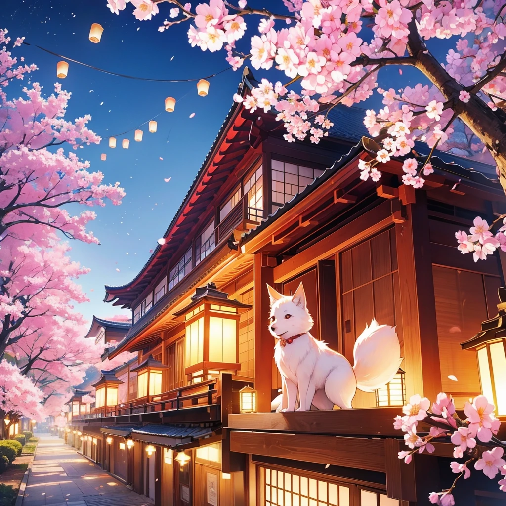 lanterns flying off into the sky, cherry blossom trees, kitsune people, happy, cheerful