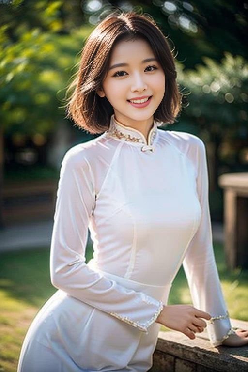(a gorgeous lady, age 18, Vietnamese traditional dress Ao Dai, nature walk in Hanoi night sky, friendly expression, dimpled smile, cute snaggle-tooth, short bob hair, beautiful detailed face, beautiful detailed eyes, ample round bosom, photorealistic, hyper-realism, high contrast, ultra HD, realistic skin textures, top image quality, top-quality, super high resolution, fine details, very meticulously, masterpiece, head to thigh, the Cowboy shot, romantic stunning, bokeh background)