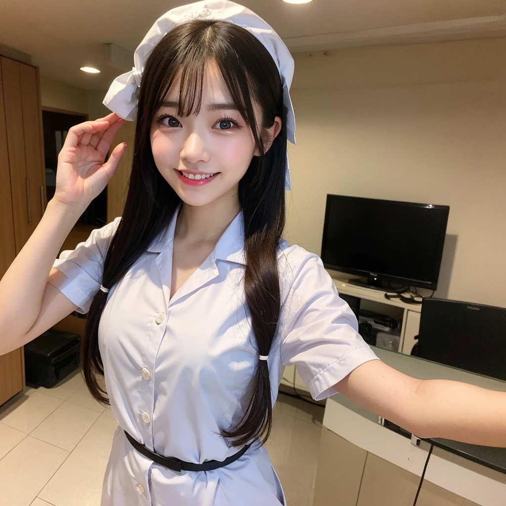 finely, High resolution, high quality、完璧なダイナミックな構shape, finelyて美しい目, Natural Makeup, Shibuya Ward、20-year-old girl、1 person、Clear Skin、Shiny Hair、、Tabletop, 最high quality, shape, Very detailed, finely, High resolution, 8K、Black Hair,, Blunt bangs, Side bangs ,Tentacles, Vine,, {Thin eyebrows:1.2}, blush,(Grin,Open your mouth),nurse, White Cosplay, nurse cosplay, nurse outfit, Are standing, hospital, Red Cross, (8K, RAW Photos, 最high quality, masterpiece:1.2), (Very detailed 8K 壁紙), 1 Girl, (alone:1.2),Photo of a Japan actress at the age of 20,mask,Seductive pose、Short Bob Hair、